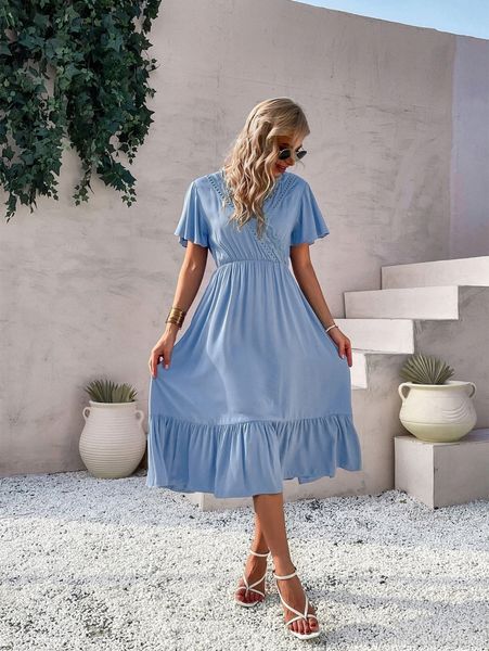 

guipure lace insert butterfly sleeve ruffle hem dress q3kx#, Black;gray