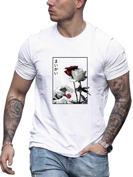 

men japanese letter & floral print tee q847#, White;black