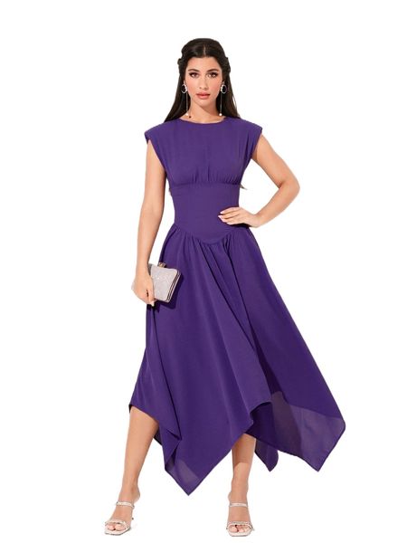 

modely solid asymmetrical hem shoulder pad dress 36nw#, Black;gray