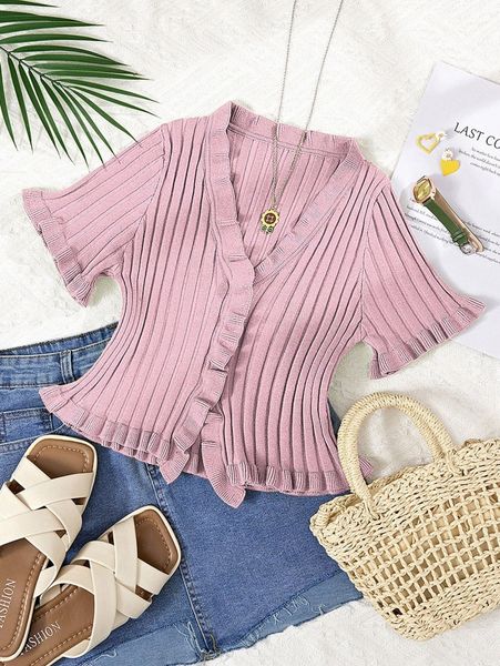 

frill trim ribbed knit cardigan s3eo#, White;black