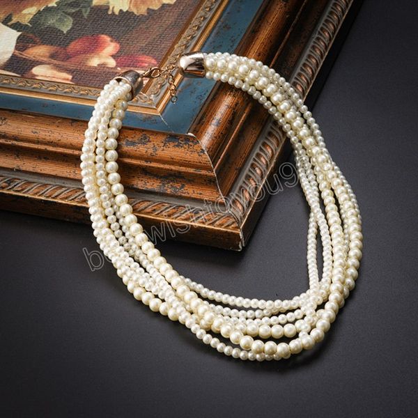 

multi-layer imitation pearl necklace bead chain ladies wedding short clavicle necklac girl charm banquet jewelry collar, Silver