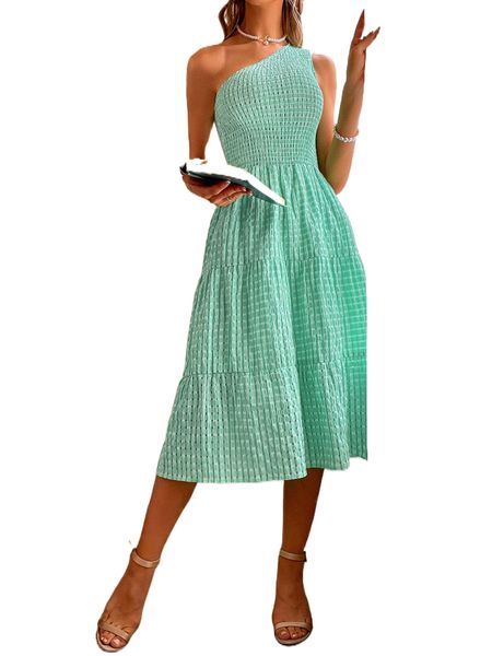 

plaid shirred bodice flounce hem one shoulder dress b50s#, Black;gray