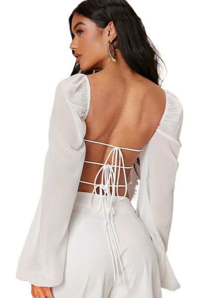 

square neck lace up backless crop blouse x91q#, White