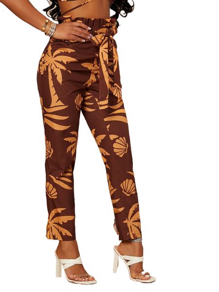 

sxy shell & palm tree print paperbag waist belted pants x1yi#, Black;white