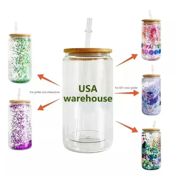 

us stock 16oz double wall sublimation glass tumblers mugs can snow globe beer frosted drinking glasses with bamboo lid and reusable straw cu