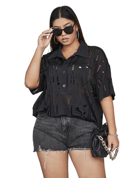 

plus solid cut out polo neck tee t6kw#, Black