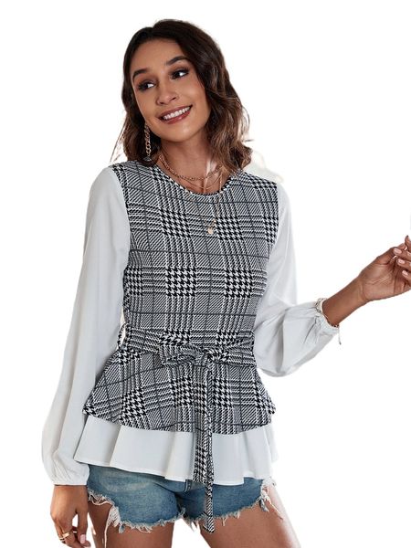 

houndstooth print belted 2 in 1 blouse r1ua#, White