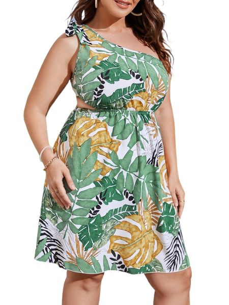 

plus tropical print knot one shoulder cut out dress k8l3#, Black