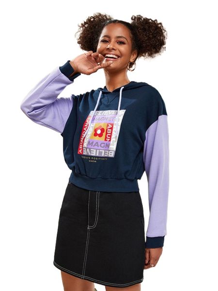 

x minow letter & floral print drawstring hoodie y0ta#, Black