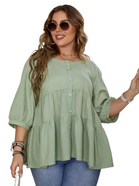 

plus raglan sleeve button up ruffle hem blouse k1zn#, Black