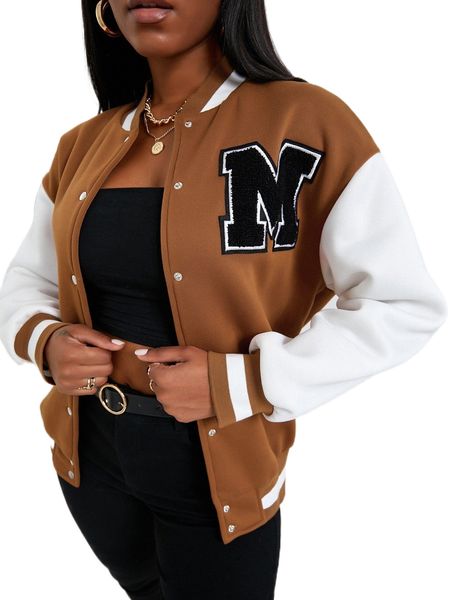 

letter patched striped trim drop shoulder bomber jacket 43fa#, Black;brown
