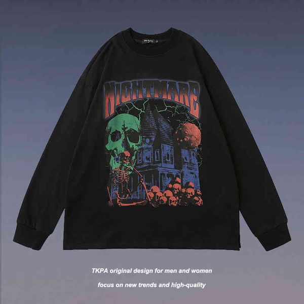 

tkpa american fashion hip hop street long sleeve t-shirt men and women loose lazy wind rap, Black