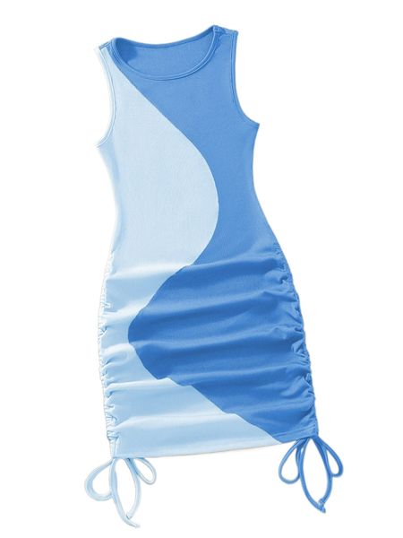 

ribbed knit two tone drawstring dress u35c#, Black;gray