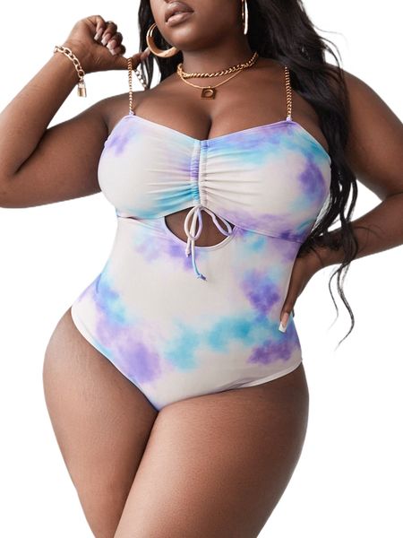 

plus tie dye chain cut out drawstring front one piece swimsuit m3jv#, White;black