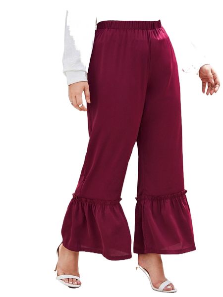 

plus solid ruffle hem wide leg pants 82oy#, Black