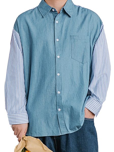 

extended sizes men striped sleeve patch pocket shirt r4in#, White;black