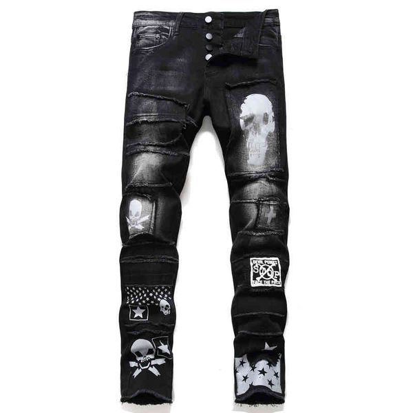 

men's jeans black skull print elastic tight men's jeans olry, Blue