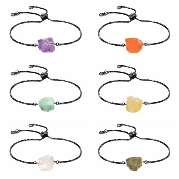 

women raw gemstone link chain bracelet black diffuse energy healing chakra crystal yoga cuff bangle rough original stone couple jewelry