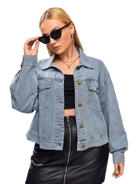 

plus drop shoulder denim jacket n8lu#, Black;brown