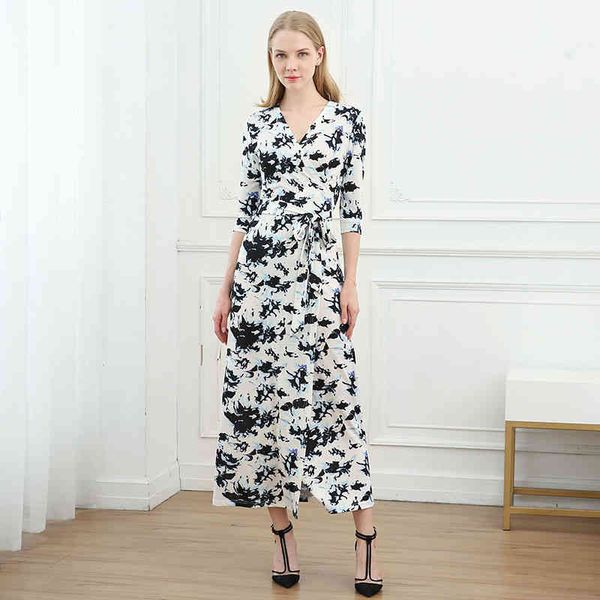 

casual dresses wrap skirt summer women's print lace up thin temperament long v-neck slim cut dress, Black;gray