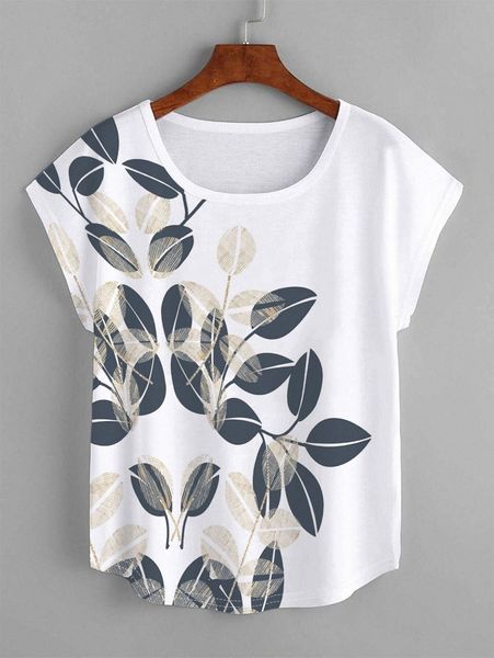 

plus plant print batwing sleeve tee w6d5#, Black