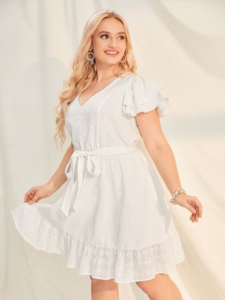 

plus eyelet embroidery ruffle hem belted dress x1qq#, Black