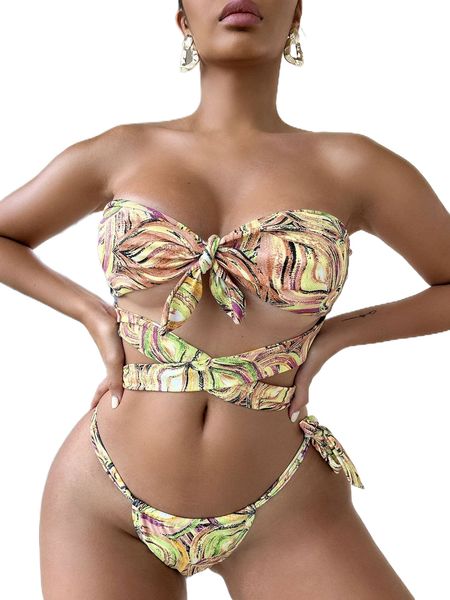 

allover print cross knot bandeau bikini swimsuit n56b#, White;black