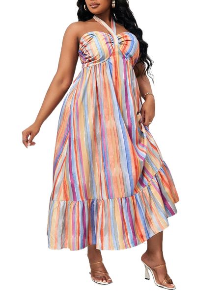 

plus block striped shirred tie back ruffle hem halter dress s9mo#, Black