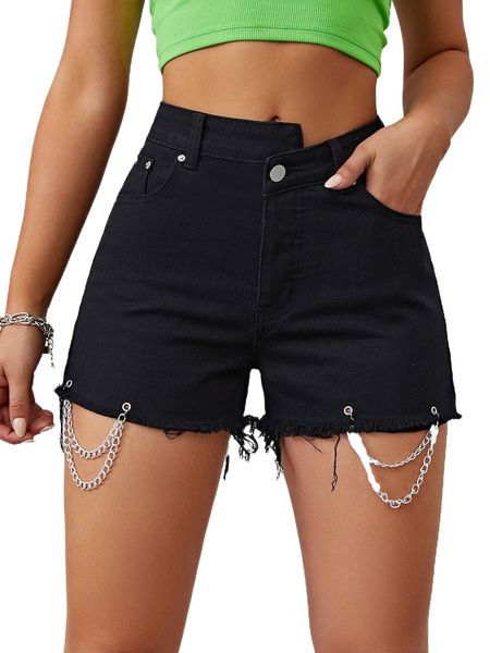 

chain detail raw hem asymmetrical waist shorts m8ez#, White;black
