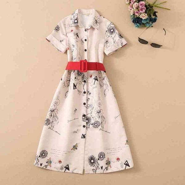 

casual dresses spring and summer fashion women's polo contrast belt waist temperament print dress, Black;gray