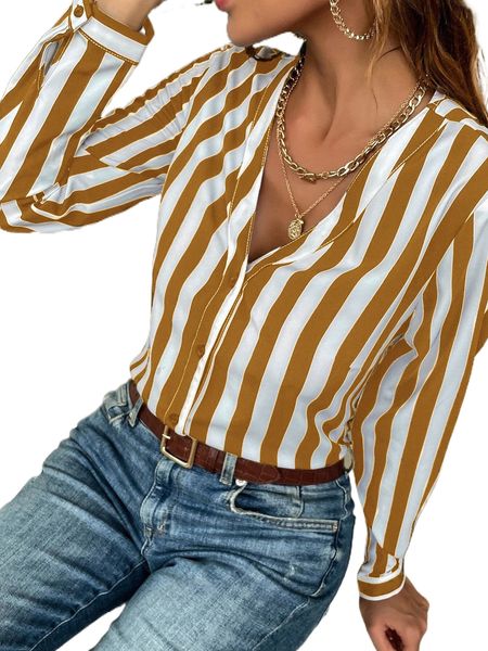 

striped print button front blouse n4vx#, White