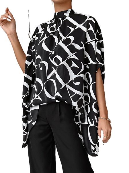 

letter graphic tie back dolman sleeve asymmetrical hem blouse q6dh#, White