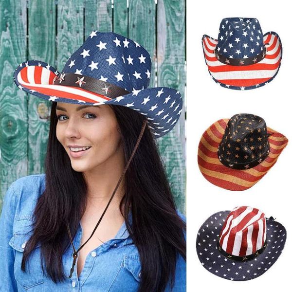 Berretti Bandiera americana Cappello da sole Festeggia il Giorno dell'Indipendenza Decorativo Adulto Unisex Star Striped Western Cowboy Paint Jazz HatBerets