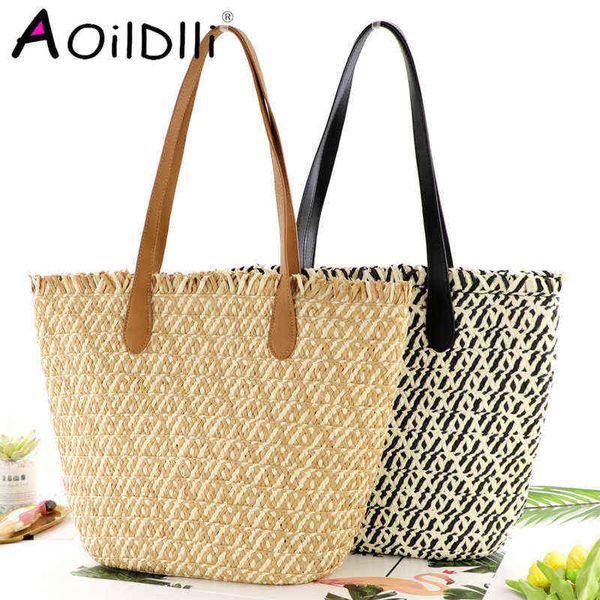 Einkaufstaschen Lan￧amento Bolsa De Palha Papel Duas Cores, Ombro Casual Para Praia Grande Capacidade 220322