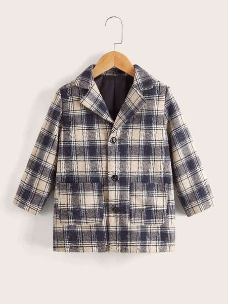 

toddler boys plaid lapel neck pocket front coat she, Blue;gray