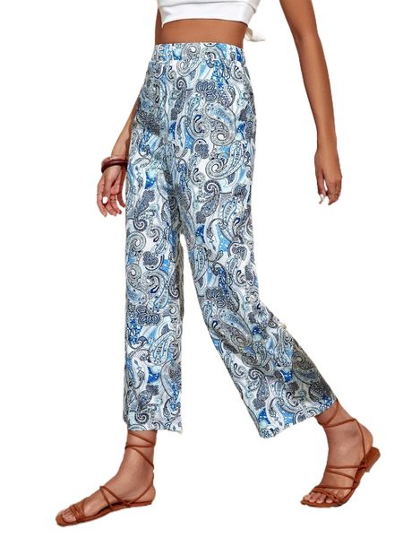 

paisley print straight leg pants t0pz#, Black;white