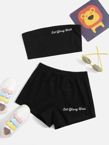 

girls letter graphic bandeau & knot front track shorts she, White