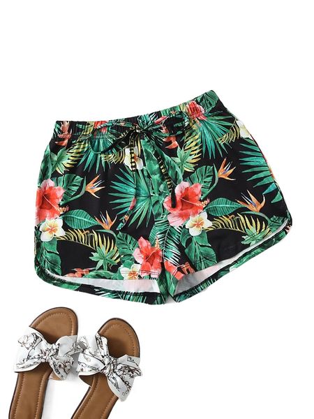 

tropical print knot front shorts w1f0#, White;black