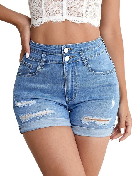 

high waist ripped frayed roll hem denim shorts q5gu#, White;black