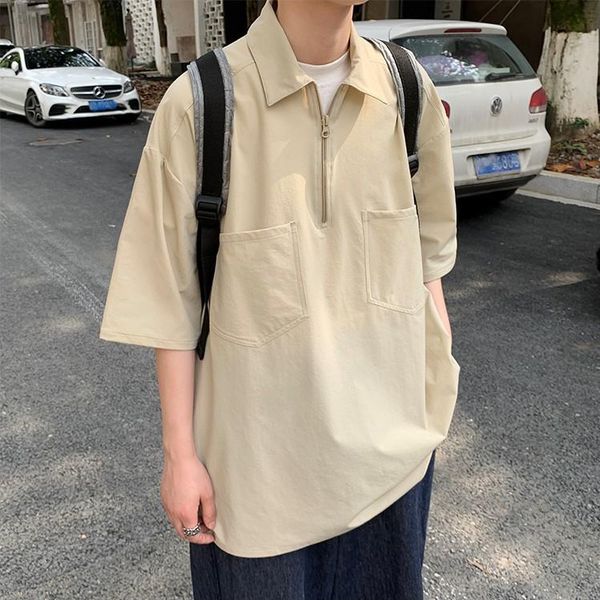 

mens polos fashion casual solid color loose pocket t-shirt lapel tooling short-sleeved breathable cool pullover quick-drying new zipper clot, White;black