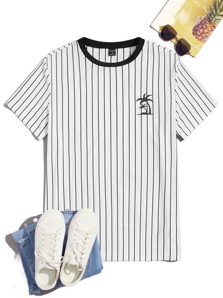 

men vertical striped & palm tree print contrast trim tee f4u2#, White;black
