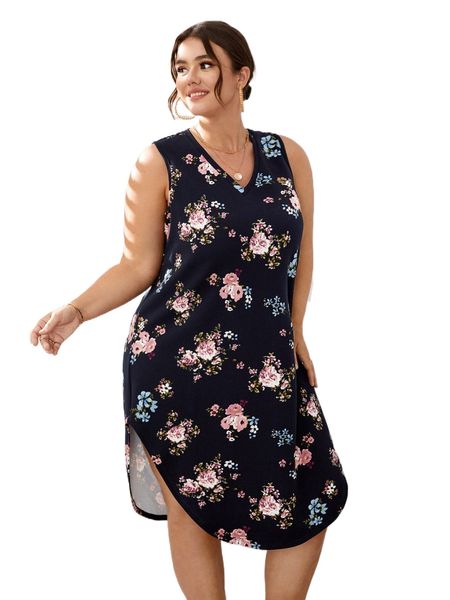 

plus floral print curved hem v-neck nightdress t3ip#, Black;white