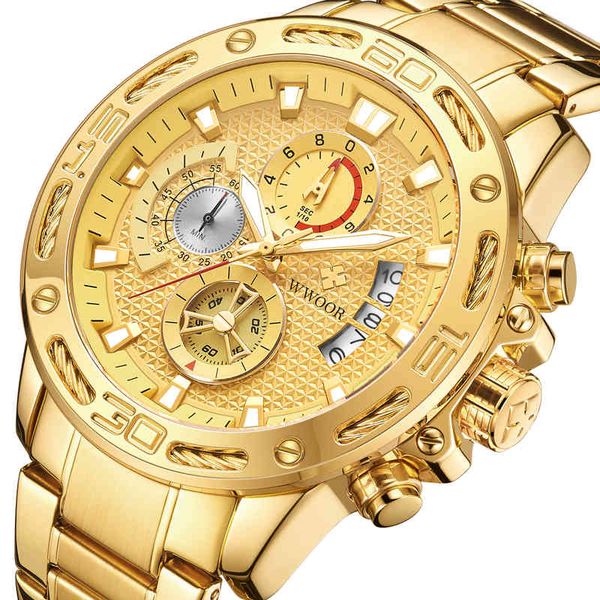 2022 Новый Wwoor 8879 Top Luxury Gold Mens Watch Sport Fashion светящиеся водонепроницаемые наручные часы Мужские военные Quartz Hame Watch