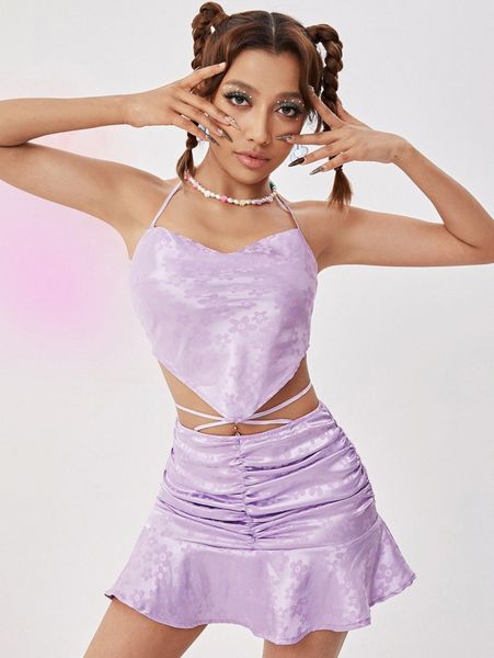 

floral print backless halter & ruffle hem ruched skirt c6oi#, White