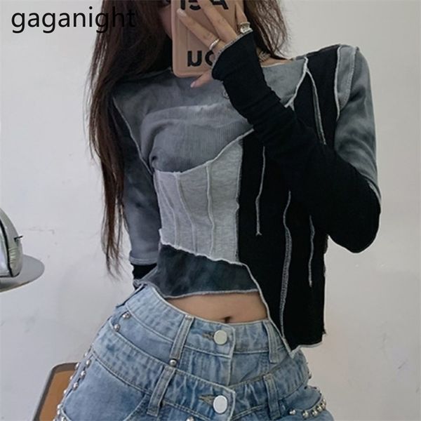 Gaganight Irregular Sexy Crop Tops Tee Womens Primavera Basic Camiseta Moda Manga Longa O-Pescoço T-shirt Casual Slim Tops 220408