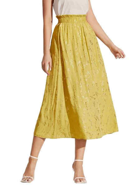 

allover plants print paperbag waist skirt e96d#, Black