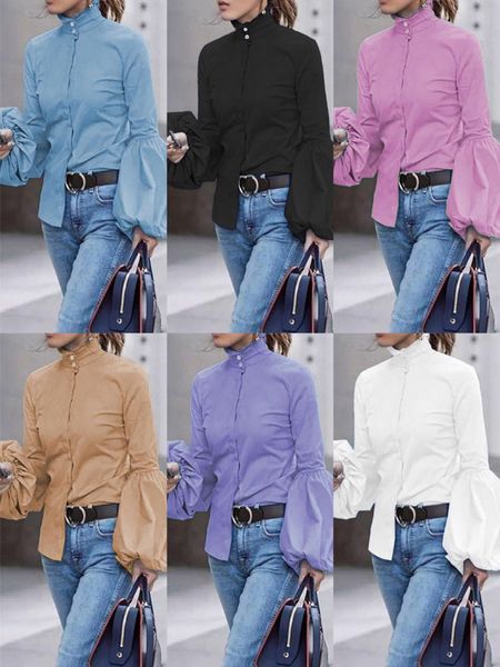 

women fashion blouses female long lantern sleeve solid casual blusas plus size womens aa, White