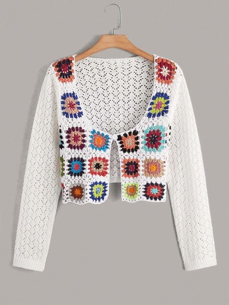 

plus floral embroidery pointelle knit cardigan i5a0#, Black