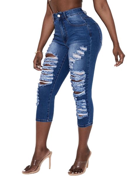 

sxy high waisted ripped skinny capris jeans d2uq#, Blue