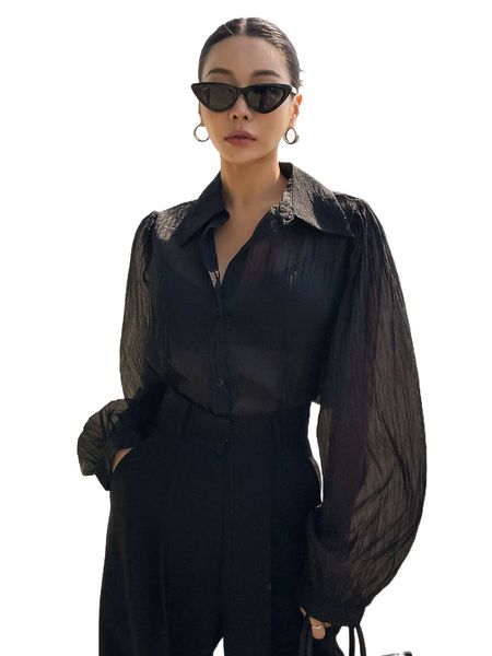 

dazy bishop sleeve semi sheer shirt without bra a59t#, White